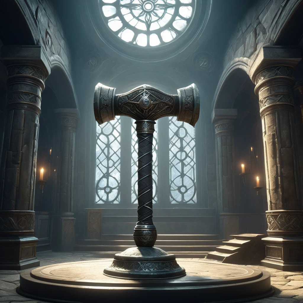 Visualize a medieval fantasy hammer resting atop a weathered stone pedestal in the center of an empty, ancient chamber. The hammer's handle is hewn from sturdy oak, wrapped in supple leather adorned with intricate runes that faintly shimmer with arcane power. Its head, forged from an ancient, enchanted metal, gleams with a dull silver sheen and is inscribed with symbols of protection and strength. Dust motes dance in the air, illuminated by faint rays of sunlight filtering through a high, arched window. The room is lined with towering shelves filled with dusty tomes and artifacts from forgotten ages, hinting at the hammer's storied history. Capture the solemn atmosphere of this chamber, where the mystical hammer awaits a destined hero to wield it against the encroaching darkness of a medieval fantasy world."