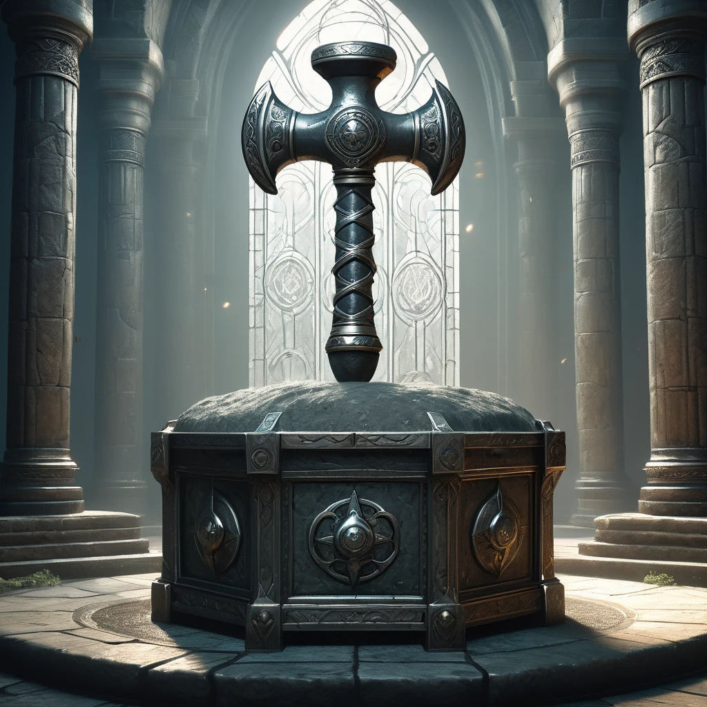 Visualize a medieval fantasy hammer resting atop a weathered stone pedestal in the center of an empty, ancient chamber. The hammer's handle is hewn from sturdy oak, wrapped in supple leather adorned with intricate runes that faintly shimmer with arcane power. Its head, forged from an ancient, enchanted metal, gleams with a dull silver sheen and is inscribed with symbols of protection and strength. Dust motes dance in the air, illuminated by faint rays of sunlight filtering through a high, arched window. The room is lined with towering shelves filled with dusty tomes and artifacts from forgotten ages, hinting at the hammer's storied history. Capture the solemn atmosphere of this chamber, where the mystical hammer awaits a destined hero to wield it against the encroaching darkness of a medieval fantasy world."