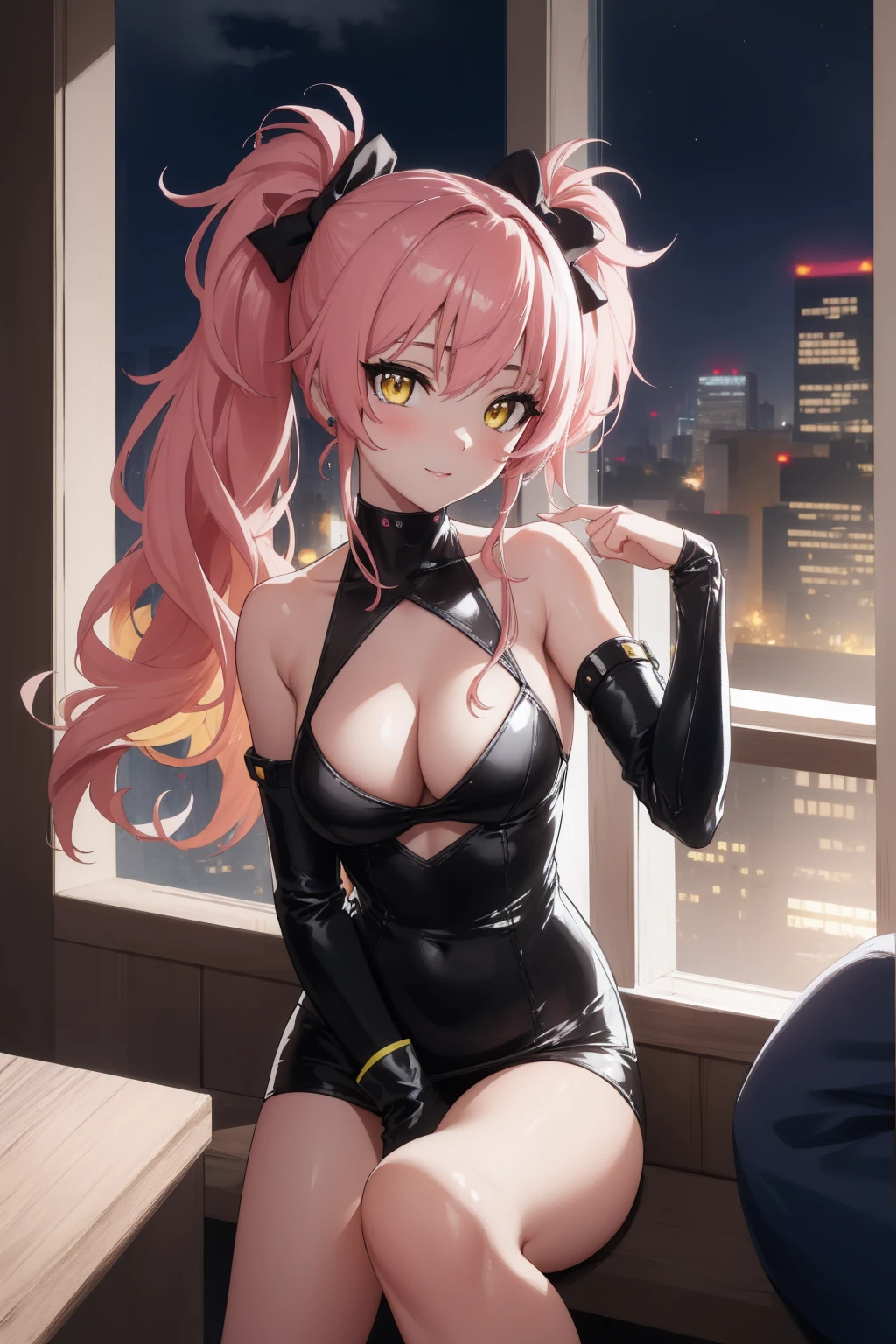(Night:1.7), Cyberpunk_CityView, Before Window,in front of a wall with a clock,
sitting at attention,sitting on couch,
swimsuit,
mika jougasaki, hair bow, long hair, pink hair, (yellow eyes:1.5), twintails, hair ribbon, hair bow,
1 girl, 20yo,young female,Beautiful Finger,Beautiful long legs,Beautiful body,Beautiful Nose,Beautiful character design, perfect eyes, perfect face,
looking at viewer, (innocent_big_eyes:1.0),(expressionless:1.3), seductive pose.teasing smile, 
NSFW,official art,extremely detailed CG unity 8k wallpaper, perfect lighting,Colorful, Bright_Front_face_Lighting,
(masterpiece:1.0),(best_quality:1.0), ultra high res,4K,ultra-detailed,
photography, 8K, HDR, highres, absurdres:1.2, Kodak portra 400, film grain, blurry background, bokeh:1.2, lens flare, (vibrant_color:1.2)
(Beautiful,medium_Breasts:1.4), (beautiful_face:1.5),(narrow_waist),(perfect hands, perfect anatomy),