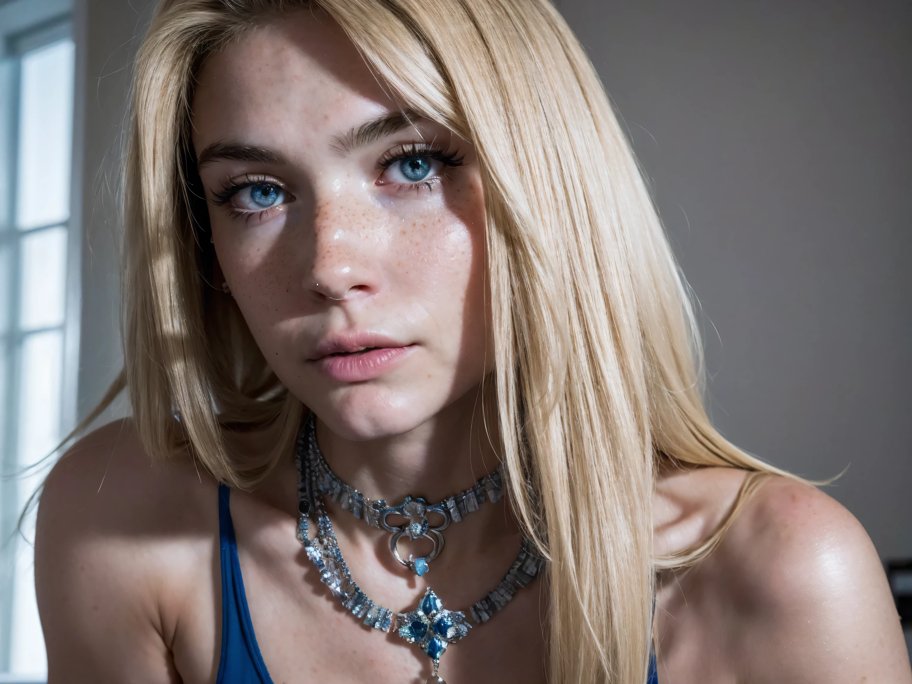 (Selfie 1.4), RAW UHD of 1 18 year old blonde, blue colored eyes, photo in the living room of the house, breasts big (neckleace), detaileds ( fabric, body hair, sheen, Farbe), glare eyes (alto nível de detaileds complexos) (looking at the camera), SLR Lighting, ultra quality, sharpening, Depth of field, fully body, light freckles on the face, ultra realistic 8k