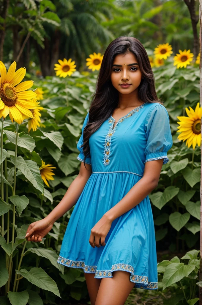 Indian beautiful girl flower garden and blue dress hand of the sun flower 