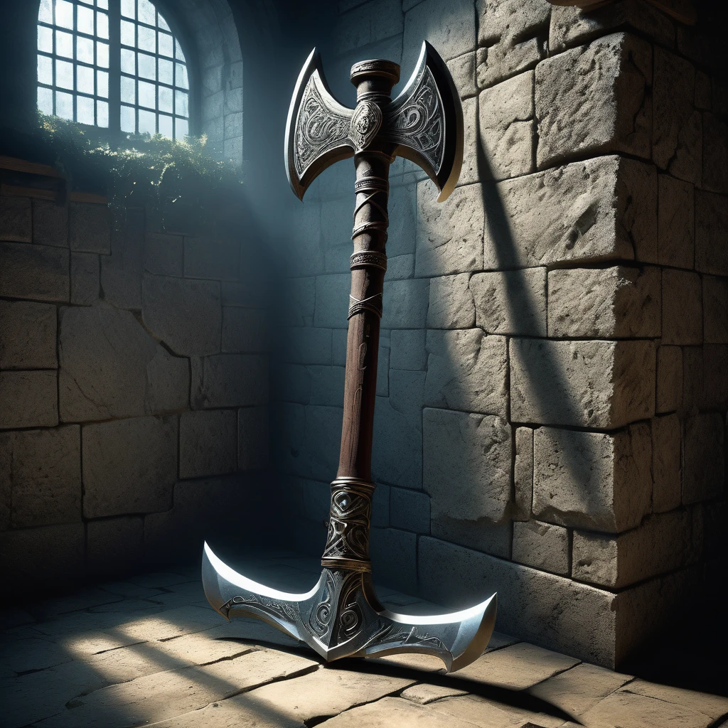 Picture a medieval fantasy axe leaning against a weathered stone wall in the corner of an empty, dimly lit chamber. The axe's haft is crafted from ancient oak, its surface adorned with intricate carvings that tell tales of heroic deeds and mythical beasts. The head of the axe is forged from a rare, enchanted metal, its edge honed to a razor-sharpness that glints faintly in the soft light filtering through a narrow window. Dust motes dance in the air, casting ephemeral shadows that seem to flicker across the walls adorned with faded tapestries depicting battles of old. In the silence of the room, the axe stands as a testament to both the craftsmanship of bygone eras and the untold adventures it may yet partake in a medieval fantasy realm."