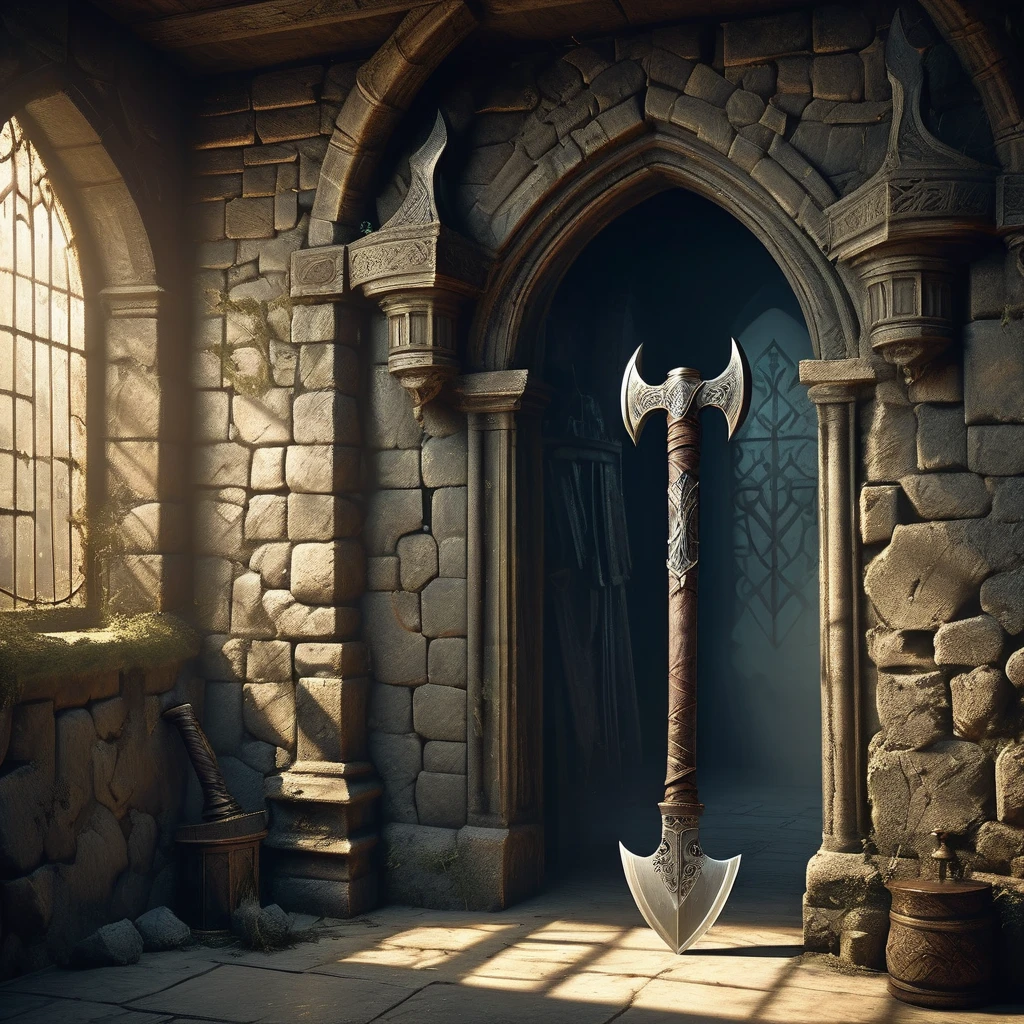 Picture a medieval fantasy axe leaning against a weathered stone wall in the corner of an empty, dimly lit chamber. The axe's haft is crafted from ancient oak, its surface adorned with intricate carvings that tell tales of heroic deeds and mythical beasts. The head of the axe is forged from a rare, enchanted metal, its edge honed to a razor-sharpness that glints faintly in the soft light filtering through a narrow window. Dust motes dance in the air, casting ephemeral shadows that seem to flicker across the walls adorned with faded tapestries depicting battles of old. In the silence of the room, the axe stands as a testament to both the craftsmanship of bygone eras and the untold adventures it may yet partake in a medieval fantasy realm."