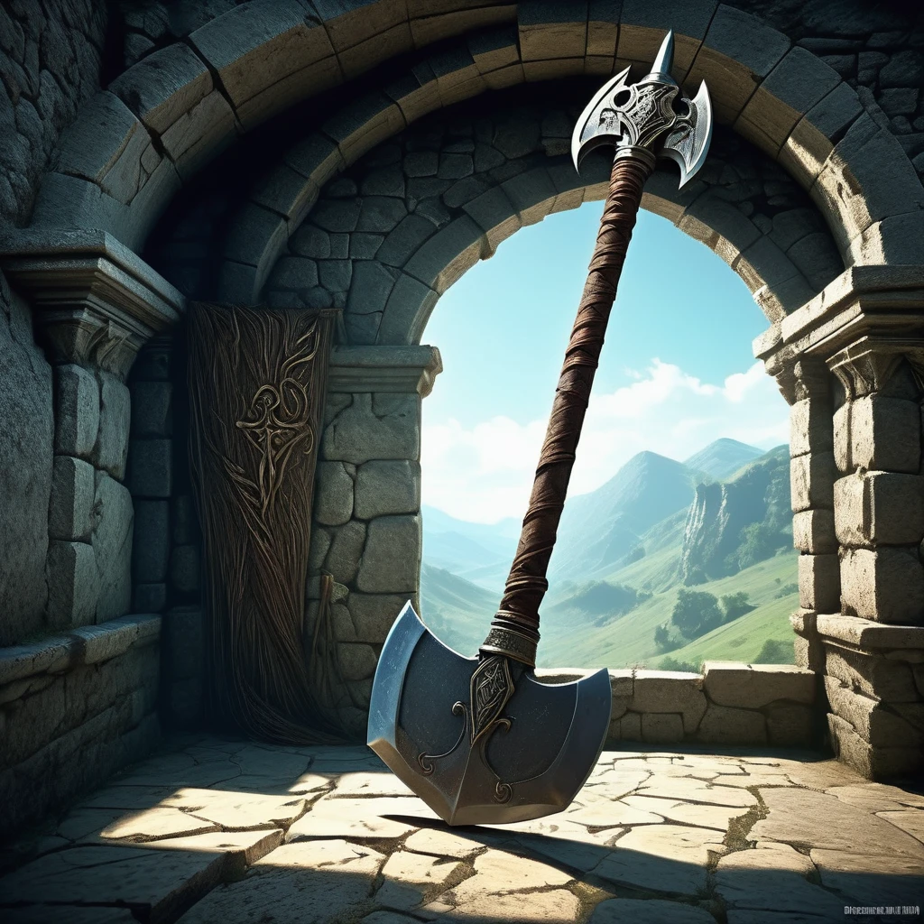 Picture a medieval fantasy axe leaning against a weathered stone wall in the corner of an empty, dimly lit chamber. The axe's haft is crafted from ancient oak, its surface adorned with intricate carvings that tell tales of heroic deeds and mythical beasts. The head of the axe is forged from a rare, enchanted metal, its edge honed to a razor-sharpness that glints faintly in the soft light filtering through a narrow window. Dust motes dance in the air, casting ephemeral shadows that seem to flicker across the walls adorned with faded tapestries depicting battles of old. In the silence of the room, the axe stands as a testament to both the craftsmanship of bygone eras and the untold adventures it may yet partake in a medieval fantasy realm."