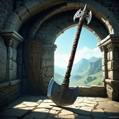 picture a medieval fantasy axe leaning against a weathered stone wall in the corner of an empty, dimly lit chamber. the axe's ha...