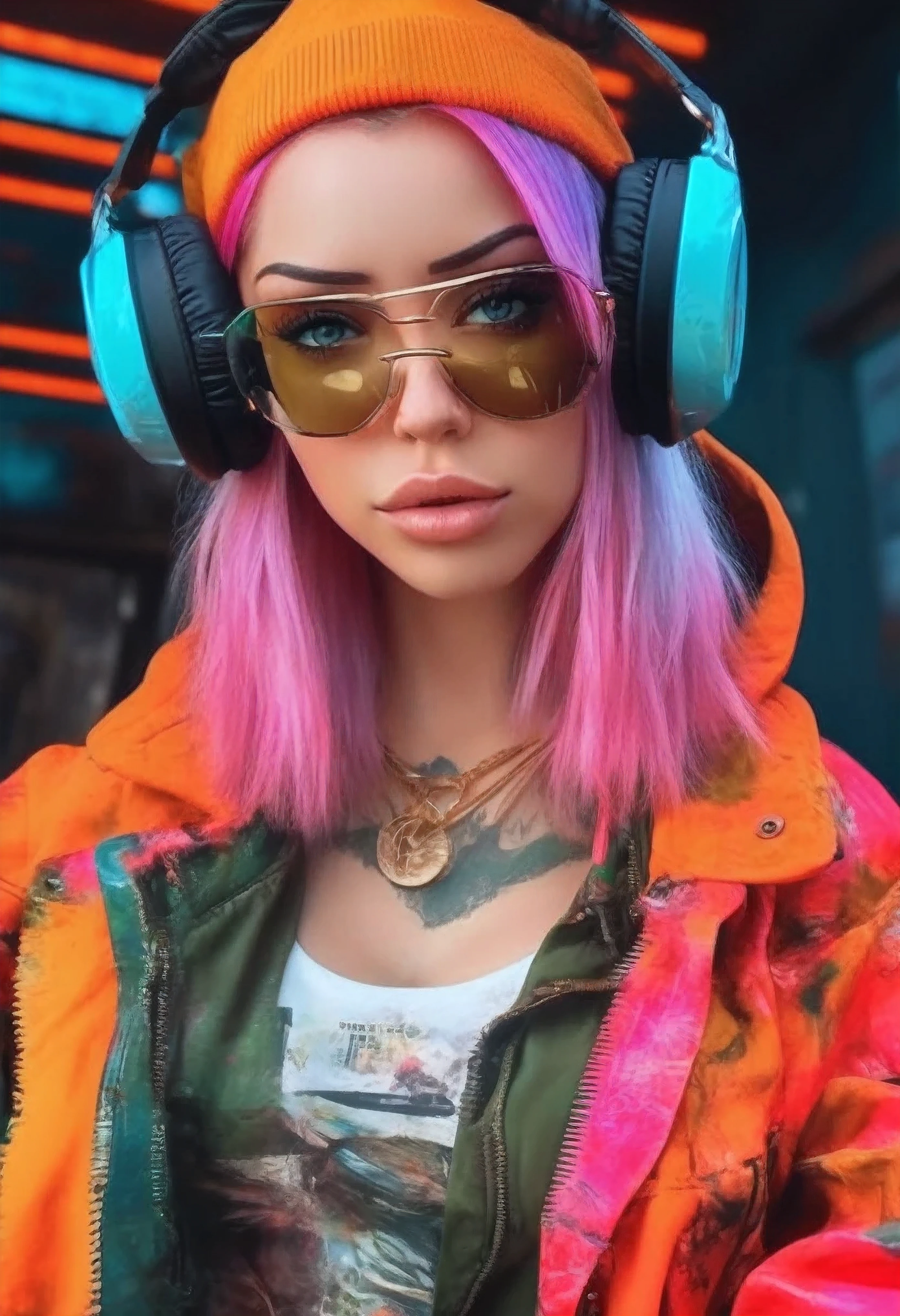 masterpiece, best quality, 1girl, solo, crop top, denim shorts, choker, (graffiti:1.5), paint splatter, arms behind back, against wall, looking at viewer, armband, thigh strap, paint on body, head tilt, bored, multicolored hair, aqua eyes, headset,