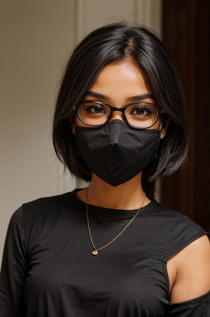 A girl wearing pardha black mask and spectacle