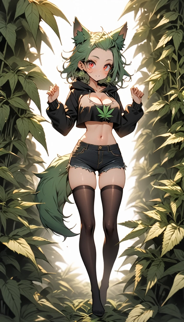   , Croped, , cleavage, slim waist, cropped hoodie underboob, cropped hoodieunderboobhoodie, 1girl, 2 wolf ears, wolf tail, marijuana crop hoodie, crop shorts, marijuana hoodie, spiky hair, spiky fur, green hair, red eyes,marijuana field, tight clothes, perfect eyes, perfect hands, clear resolution, full body, cleavage skin, marijuana plants, open hoodie, marijuana scenery, black thigh high socks, full body, earrings, 1girl, skirt,  cleavage, slim waist, cleavage, slim waist, hair pulled back, 