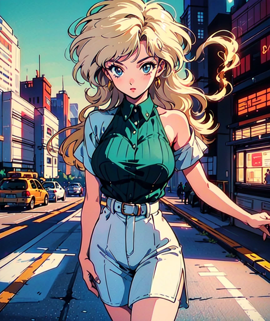(80's, retro, city pop poster:1.5), (album cover), (masterpiece, best quality), (anime, illustration), 
best photo pose, dynamic angle, cowboy shot,
girl, Russian spy, solo, 80 anime style, 19 year old Russian girl, blonde girl, shoulder height hair, Bangs, Smoking a cigarette, Wearing a white button-down shirt, short sleeves , and a red skirt, Warzone, Green eyes, large breasts, wide hips, perfect detail eyes, delicate face, blue eyes, blonde hair, 