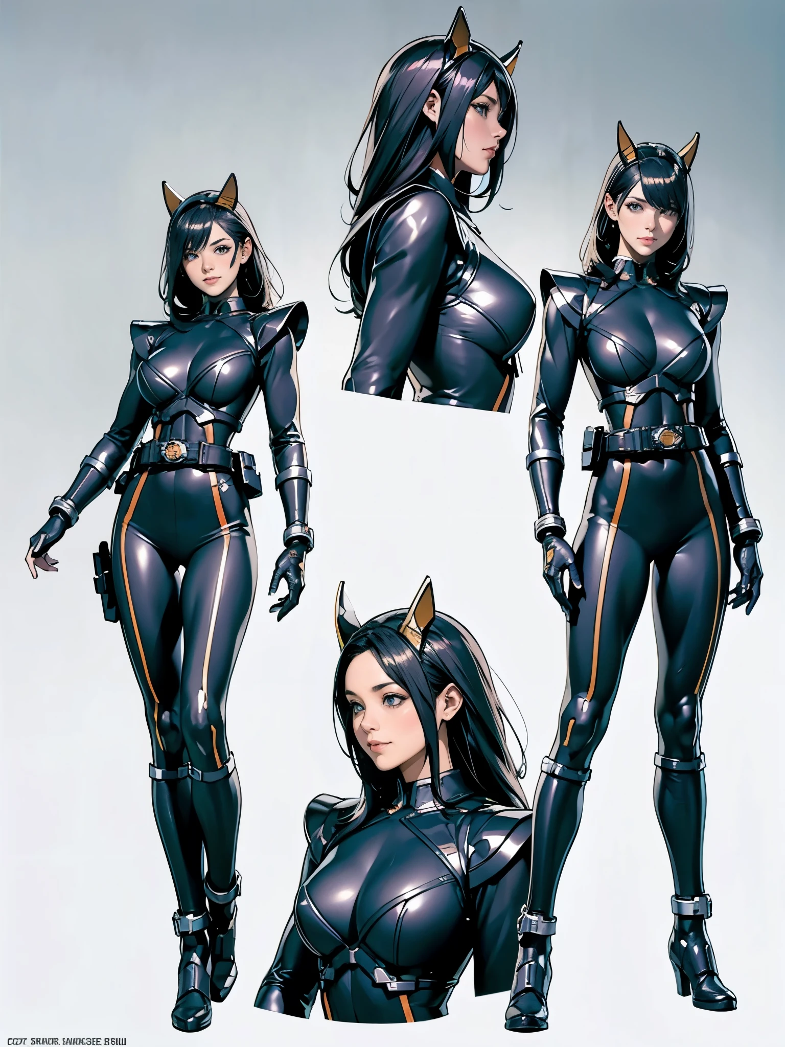 (masterpiece:1.2),(Highest quality),(Very detailed:1.2),(High resolution),8K,wallpaper,Female Kamen Rider,Kamen Rider Uniform,(((smile))),rider belt,gloves, antenna,black Bodysuits,Bodysuits, belt, armor, Helmet,((((Detailed character sheet,Front view,Side view,3/4 Views)))),(((reference sheet, model sheet)))