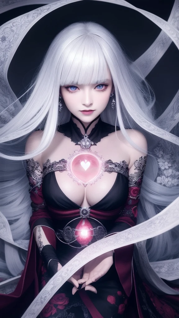 (masterpiece, top quality, 1 female, solo, exquisite details, chromatic aberration), (realistic), (skin), ((breathing)), (silver hair, blunt bangs, short cut straight long hair, short cut bangs, silver hair), beautiful hair, red headdress, blue highlights, hair over one eye, cute eyes,purple eyes, thick lips, earrings, piercing eyes, ((pink and white kimono)), ((symmetrical eyes)), ((perfectly symmetrical body)), ((perfectly symmetrical hands)), (purerosface_v1:0.3), night, (((self, natural light))), bright lighting, flowers blooming in the background, front of viewer, ((central shot, from the front, (face and waist))), mysterious atmosphere, flowers blooming around, light colored background, fortune teller in kimono, beautiful fortune teller, fortune teller, dark fantasy female fortune teller, female fortune teller, f Fantasy photography, magician, witch fairy tale, Japanese style, elegant cinematic fantasy art, fantasy woman, magician portrait, casting a spell, fortune teller, unsexy kimono, A powerful wizard stands in a mysterious forest, fluttering robes adorned with symbols, holding a glowing heart crystal ball, eyes glowing with mystical energy, spells leaking from his mouth, vivid swirling patterns of black magic pulsating in hues of red and blue appear in the air, magic permeates, flowers bloom and sacred creatures gaze in awe, threads of magical energy dance, revealing hidden realms and unravelling secrets, capturing the essence of this enchanting moment and bringing to life the mysterious power of black magic on a canvas of the highest quality and finest detail. Top Quality, Masterpiece, Ultra High Resolution, (Photorealistic: 1.4), RAW Photo, Sharp Focus, High Resolution, Detailed Skin, .