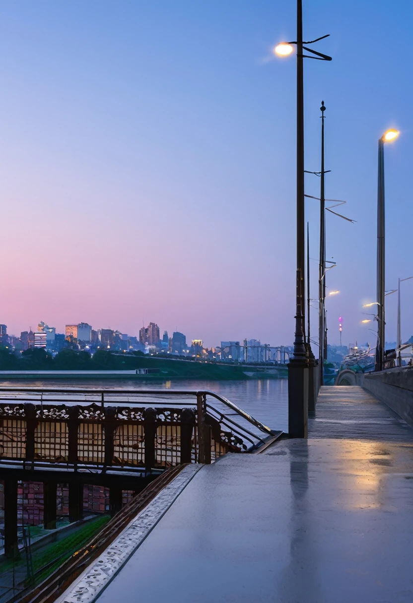 Watching the sunrise leaning against the bridge parapet, clear sky, small white morning moon, early morning city street,