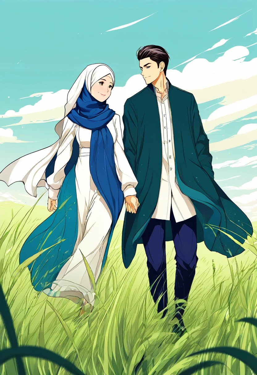 beautiful hijab woman , handsome man, under the blue sky and green grassland, manga style,