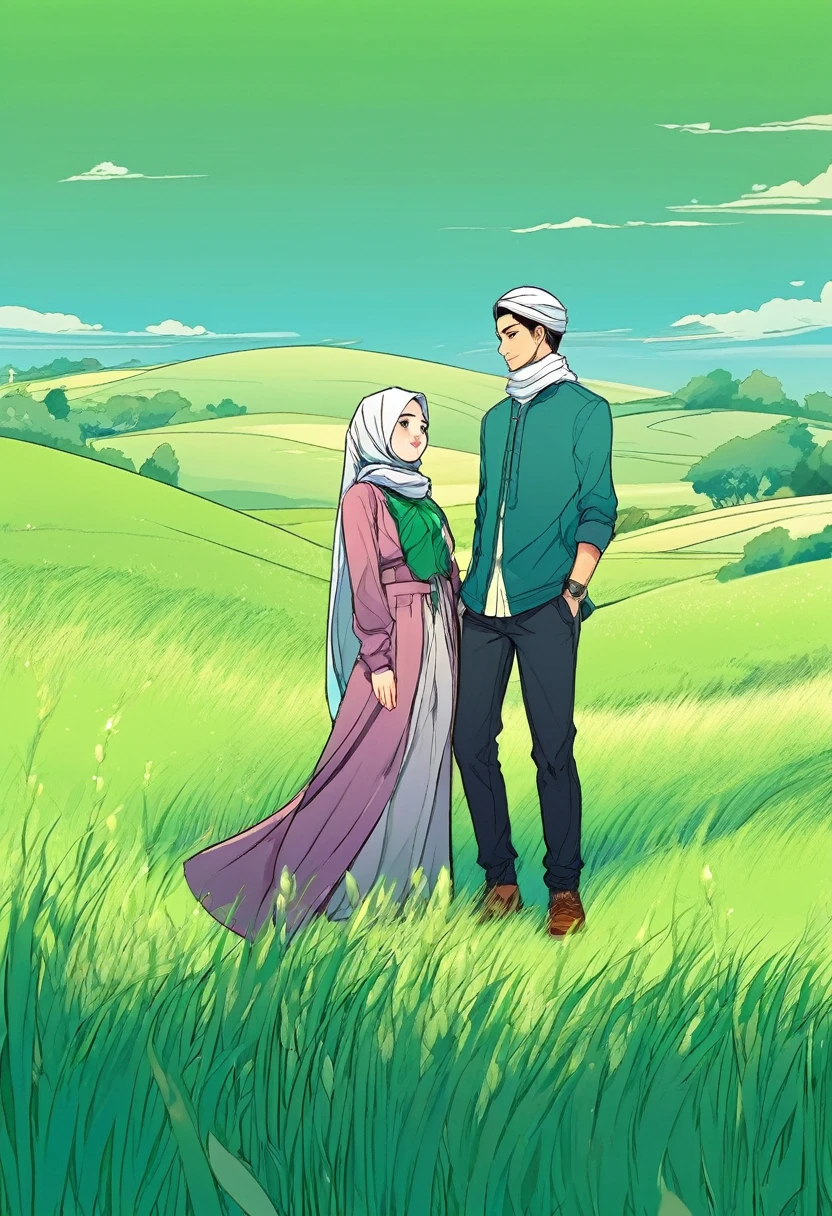 beautiful hijab woman , handsome man, under the blue sky and green grassland, manga style,