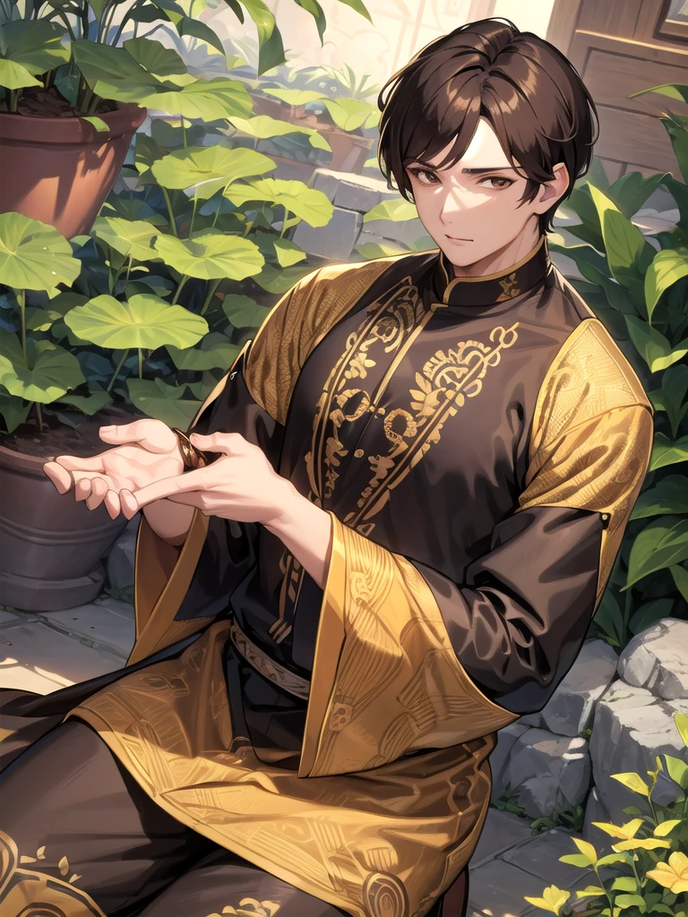 a man with short brown hair, brown eyes, wearing batik clothes on garden set, black longsleeves shirt with golden pattern, handsome, man
