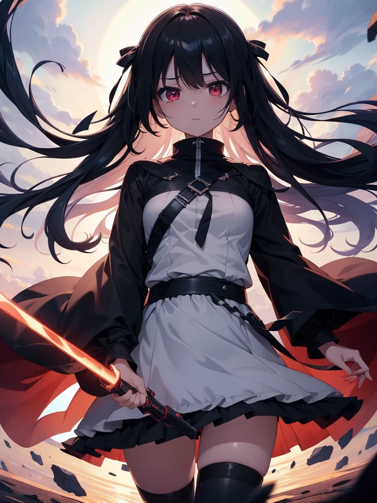 1 loli girl, (having big weapon), (Faintly emerge from the darkness) ,cinematic angle, close to viewer , cowboy shot, bloody body ,(((Expressionless))) , ((rape eyes)) ,black hair, long hair, ribbon , black dress, red eyes, (glowing eyes:1.1) ,horror world , high resolution,(incredibly absurdres), (hires.fix:1.3),anime visual,ultra detailed CG unity 8k wallpaper, ((masterpiece)), ((top-quality)), (beautiful illustration), ((an extremely delicate and beautiful))