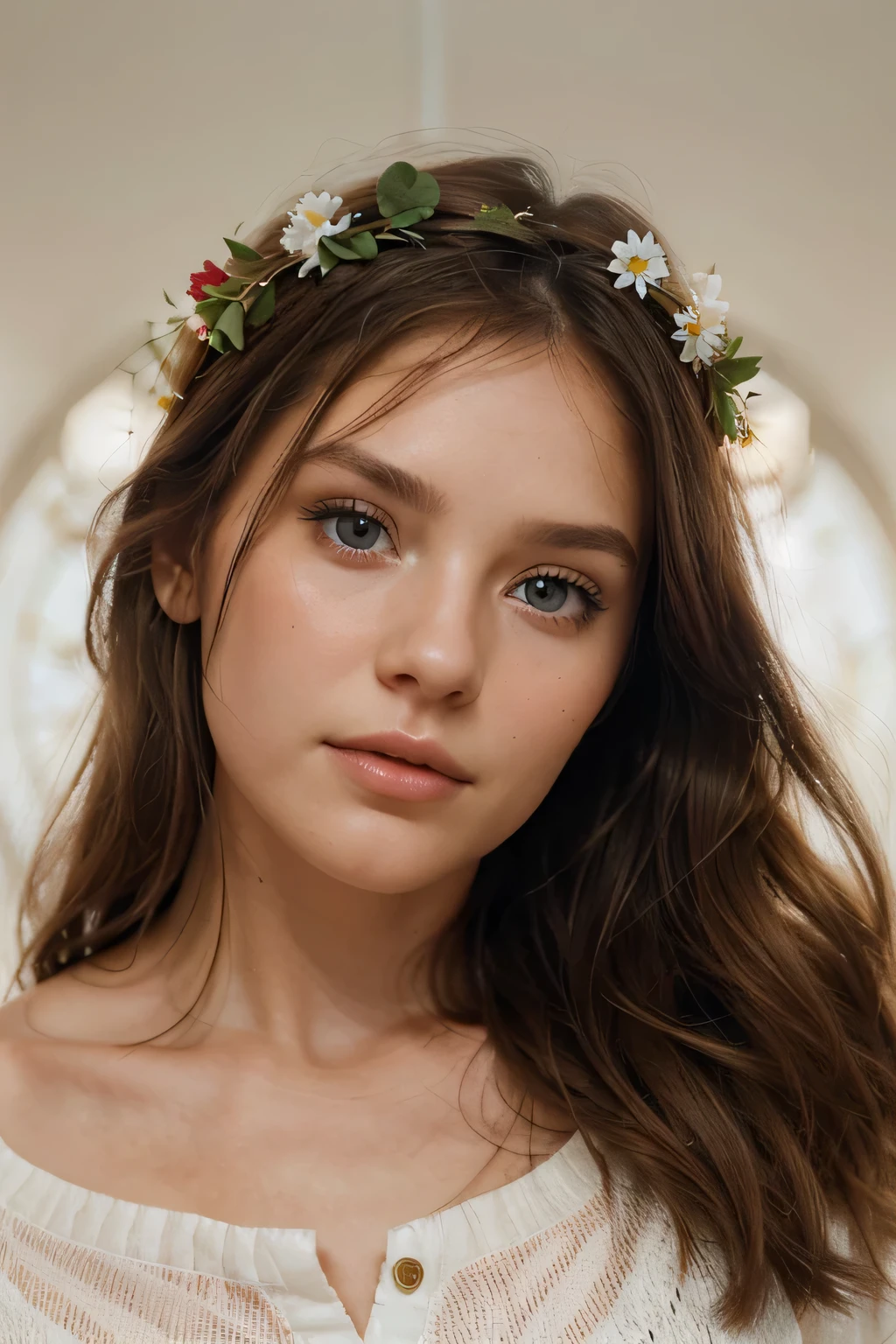 A very close-up of a woman's face with minimal make-up, natural skin texture, a natural flower near her cheek, a natural flower stalk on her face, light brown hair, soft blue eyes, and A wreath is placed on his cheek and neck.