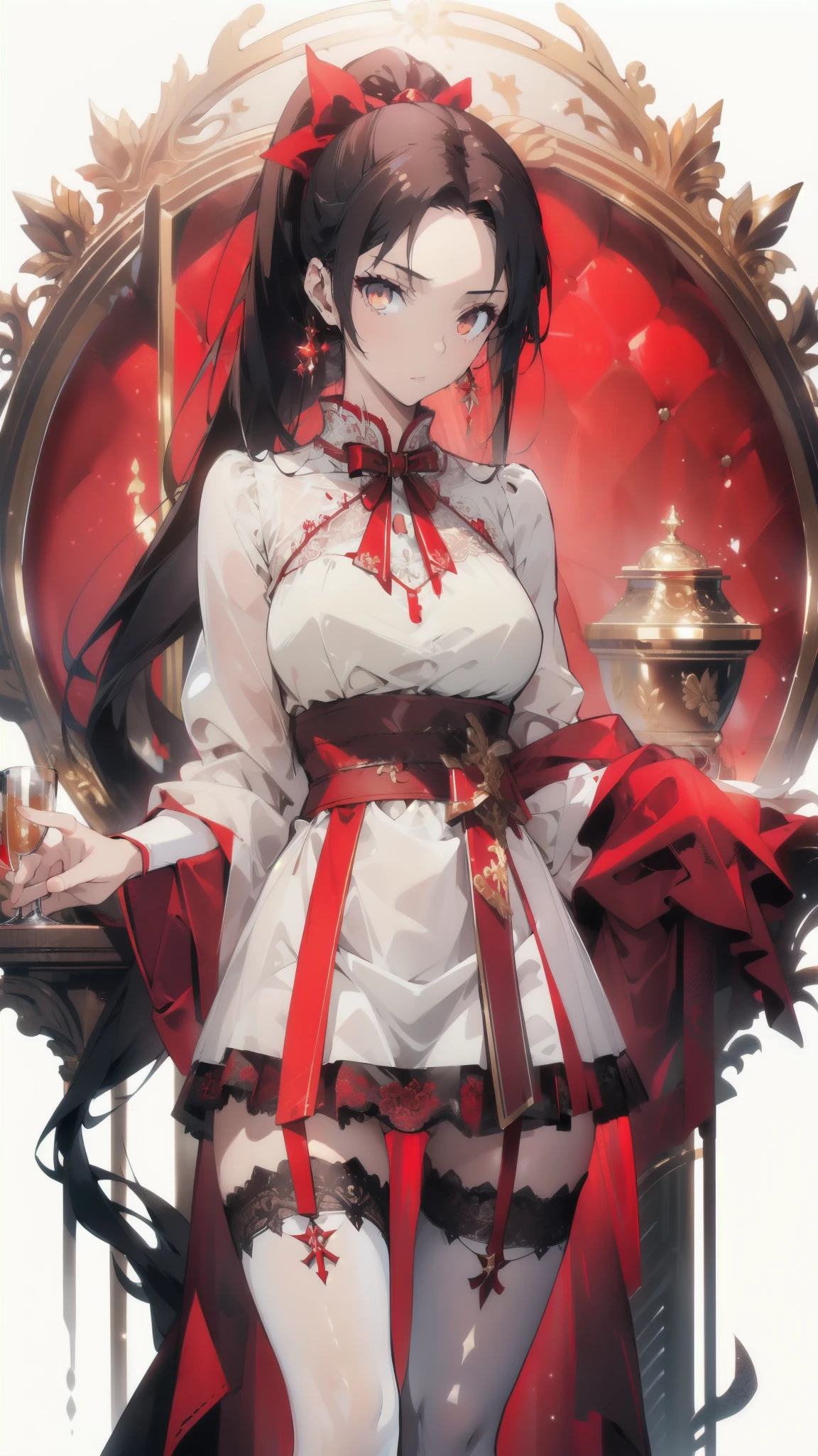 ((masterpiece, best quality)), Delicate face,red,Witch,Witch帽,whole body,Standing picture,Long legs,Large Breasts,Gradient double ponytail hairstyle,Perfect body proportions,Pretty golden eyes,Extremely beautiful,transparent, Pure white background,Erotic_lingerie,sexly_比基尼,Lace,Garter stockings