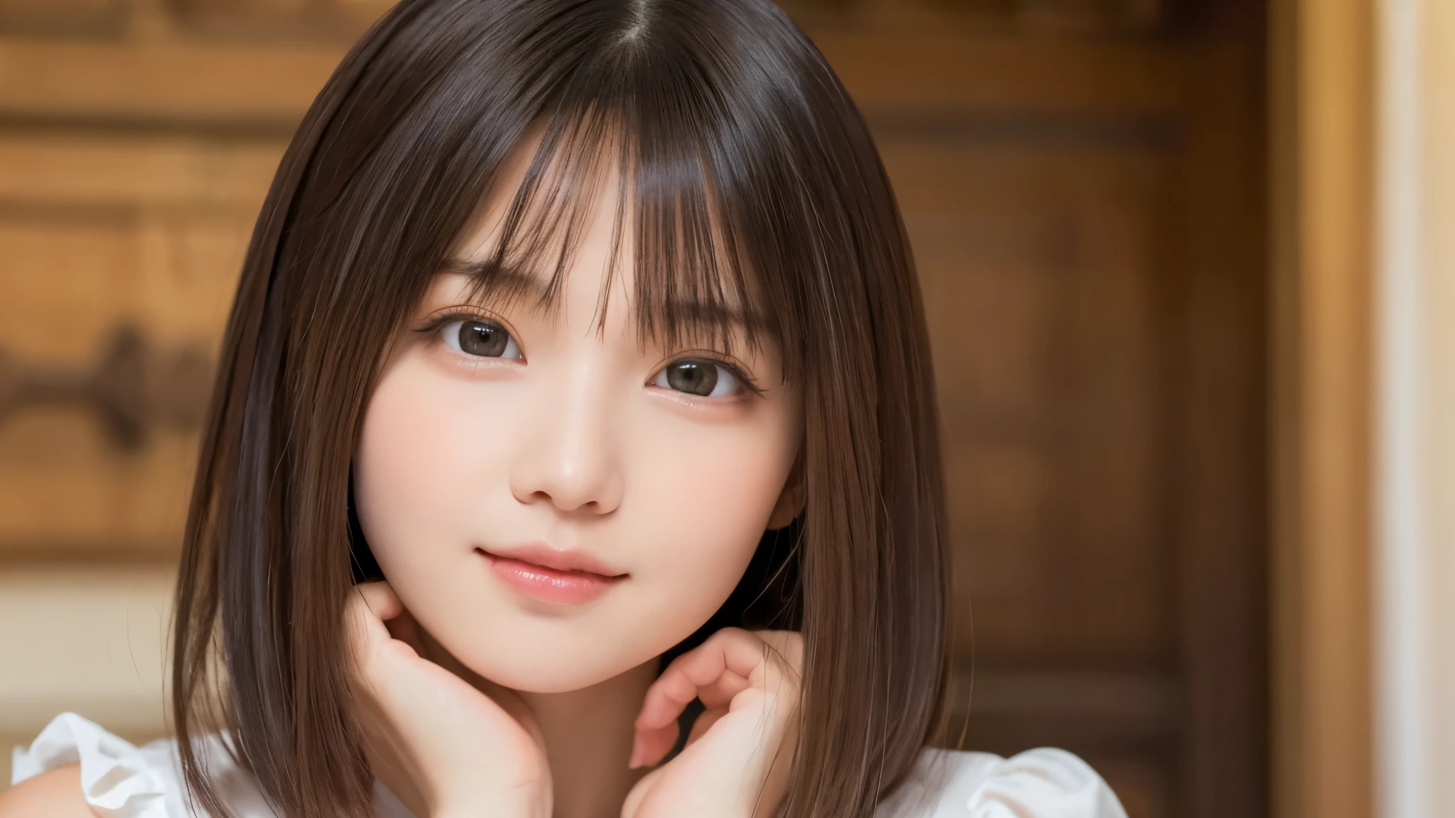 (Highest quality, masterpiece), Browsing Caution, One Girl, (beautiful girl, Delicate girl:1.3), (14 years old:1.3), break, Very beautiful eyes, (Symmetrical eyes:1.3), break, Large Breasts, Brown eyes, Parted bangs, Short Bob, (Upper teeth, The best smile:0.2), break, (Eye and facial details:1.0), break, (masterpiece, Highest quality, Very detailed, Detailed face, 8K),Fluffy hair,Beautiful black hair,White blouse,