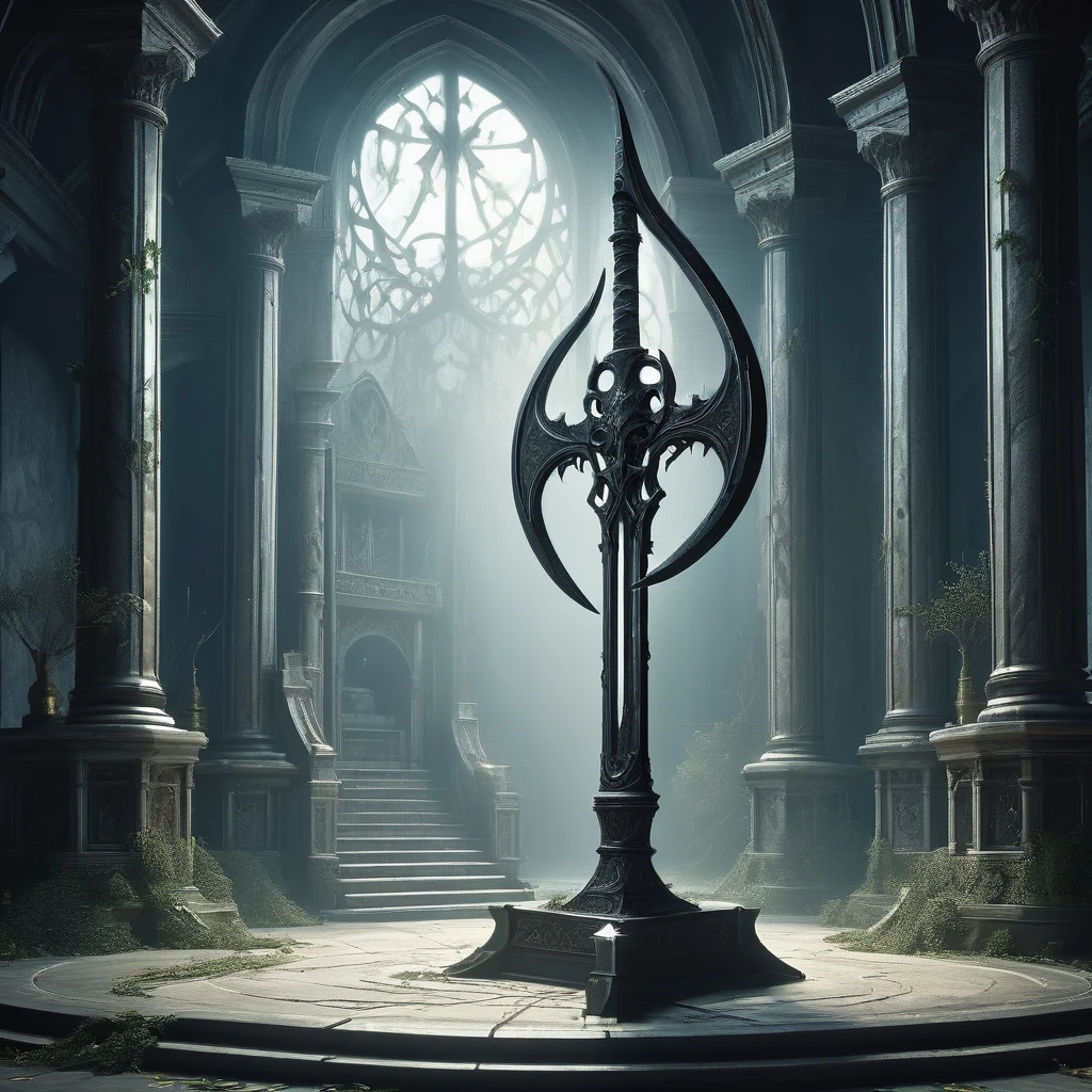 Imagine a medieval fantasy scythe standing upright against a stone pillar in the center of an empty, ancient chamber. The scythe's handle is made from aged, dark wood, intricately carved with symbols and runes that seem to faintly shimmer with arcane energy. Its blade, crafted from a gleaming, enchanted metal, curves gracefully with razor-sharp edges that catch the dim light filtering through dusty windows. Cobwebs cling to the corners of the room, where ancient tapestries hang depicting mythical battles and legendary heroes. The air is heavy with the scent of old parchment and the faint echoes of distant whispers, lending an atmosphere of mystery and solemnity to the scene. In this quiet chamber, the scythe stands as a symbol of both harvest and retribution, awaiting the hand of a destined wielder in the medieval fantasy world."