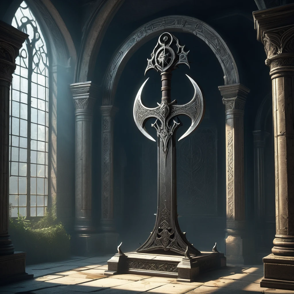 Imagine a medieval fantasy scythe standing upright against a stone pillar in the center of an empty, ancient chamber. The scythe's handle is made from aged, dark wood, intricately carved with symbols and runes that seem to faintly shimmer with arcane energy. Its blade, crafted from a gleaming, enchanted metal, curves gracefully with razor-sharp edges that catch the dim light filtering through dusty windows. Cobwebs cling to the corners of the room, where ancient tapestries hang depicting mythical battles and legendary heroes. The air is heavy with the scent of old parchment and the faint echoes of distant whispers, lending an atmosphere of mystery and solemnity to the scene. In this quiet chamber, the scythe stands as a symbol of both harvest and retribution, awaiting the hand of a destined wielder in the medieval fantasy world."