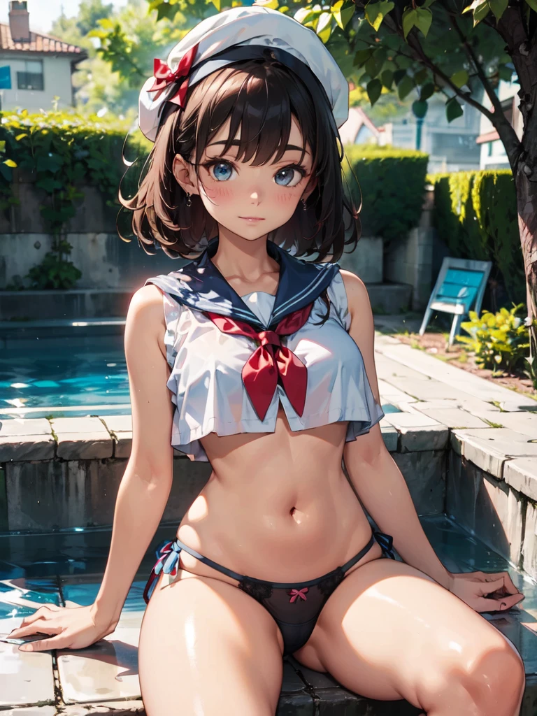 1 lady, HD quality, anime, solo full body shot, beautiful detailed face, (sitting with hands back:1.3), (open legs to limit:1.3), (with one knee up:1.3), (showing  pubic area:1.6), (under boob:1.5), (Large breasts), (cleavage), shiny skin, (oiled skin:1.5), smiling, (thin thighs:1.8), (Sailor uniform only for the upper body:1.5), (Crop Top sheer  white shirt:1.5), (sleeveless:1.6), without brassiere, (sheer white tiny micro thong:1.5), poolside, (Green detailed eyes), blue sailor collar, high-heeled shoes, red ribbon tie