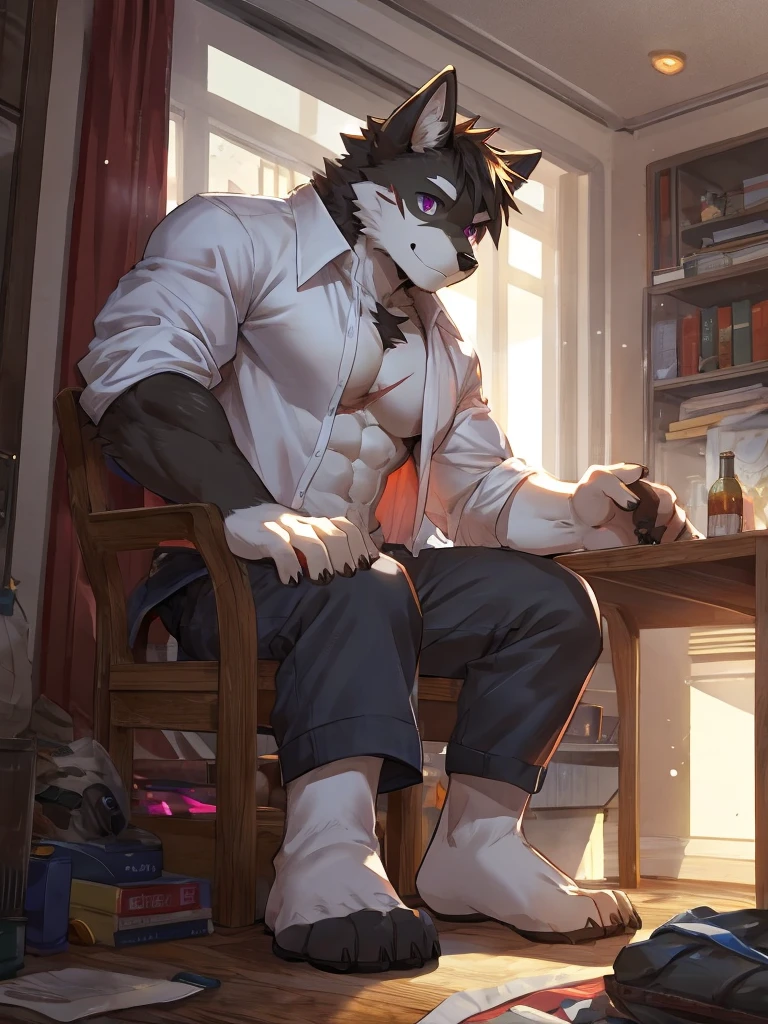 (masterpiece:1.2), best quality,pixiv,official art,(Ray tracing, light), (flower petal in the sky :1.3), (1_male:1.3), (solo:1.2) , portrait , (muscle), (gray fur:1.4), (muscle bear), (bear tail), (beard:1.2), (gleaming golden eyes), Thick eyebrows, open hoodie, naked inside, looking at viewer, full body , indoor , bedroom, highfloor ,building, morden