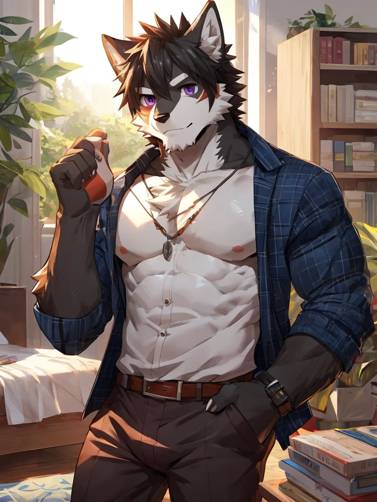 embedding:black wolf, male,purple eyes,Scar on the face, scar on the body,Single person，The fur on the chest and abdomen is white.Inside the apartment,Elder brother.Modern apartment, clean and tidy.casual Shirt，Casual pants,Formal, everyday,A mild expression,Maturity,The highest quality of scene detail,adult,Tall and powerful,muscle，Best quality hands, best quality eye，detailed fur，Delicate eyes.Extreme picture quality，by sollyz,by zixiong,by milkytiger1145