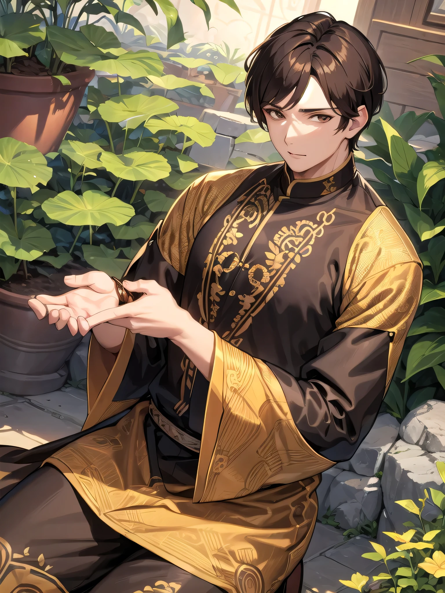 a man with short brown hair, brown eyes, wearing batik clothes on garden set, black longsleeves shirt with golden pattern, handsome, man