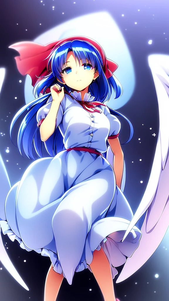 masterpiece, best quality, 1girl, , , ************, medium blue hair, hair flaps, pink ribbon on head, well-formed face, blue eyes, angel girl, white blouse, puffy short sleeves, red ribbon, angel wings, long white skirt, red shoes, frills, hair ribbon