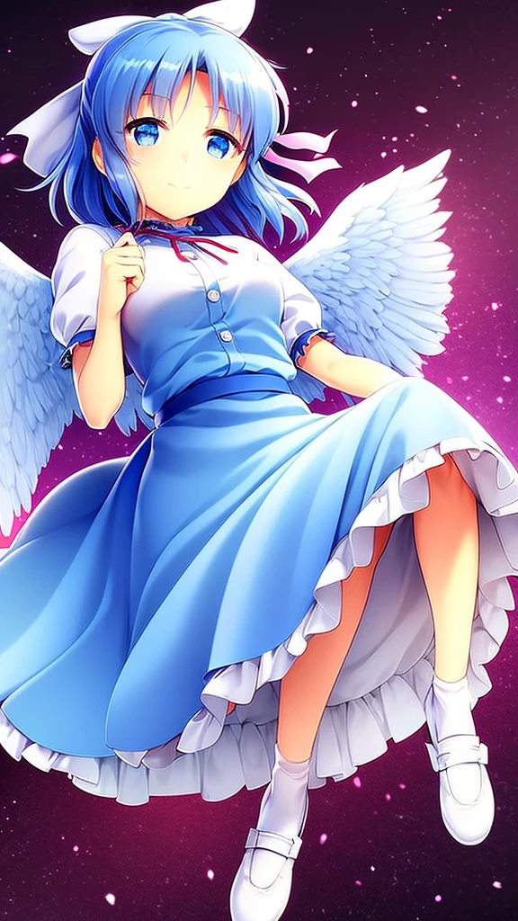 masterpiece, best quality, 1girl, , , 10 years old, medium blue hair, hair flaps, pink ribbon on head, well-formed face, blue eyes, angel girl, white blouse, puffy short sleeves, red ribbon, angel wings, long white skirt, red shoes, frills, hair ribbon