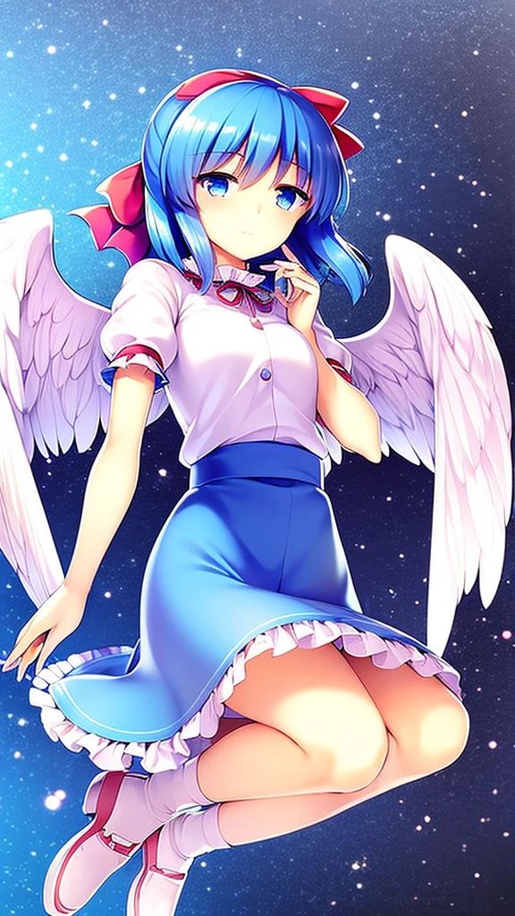 masterpiece, best quality, 1girl, , , 10 years old, medium blue hair, hair flaps, pink ribbon on head, well-formed face, blue eyes, angel girl, white blouse, puffy short sleeves, red ribbon, angel wings, long white skirt, red shoes, frills, hair ribbon