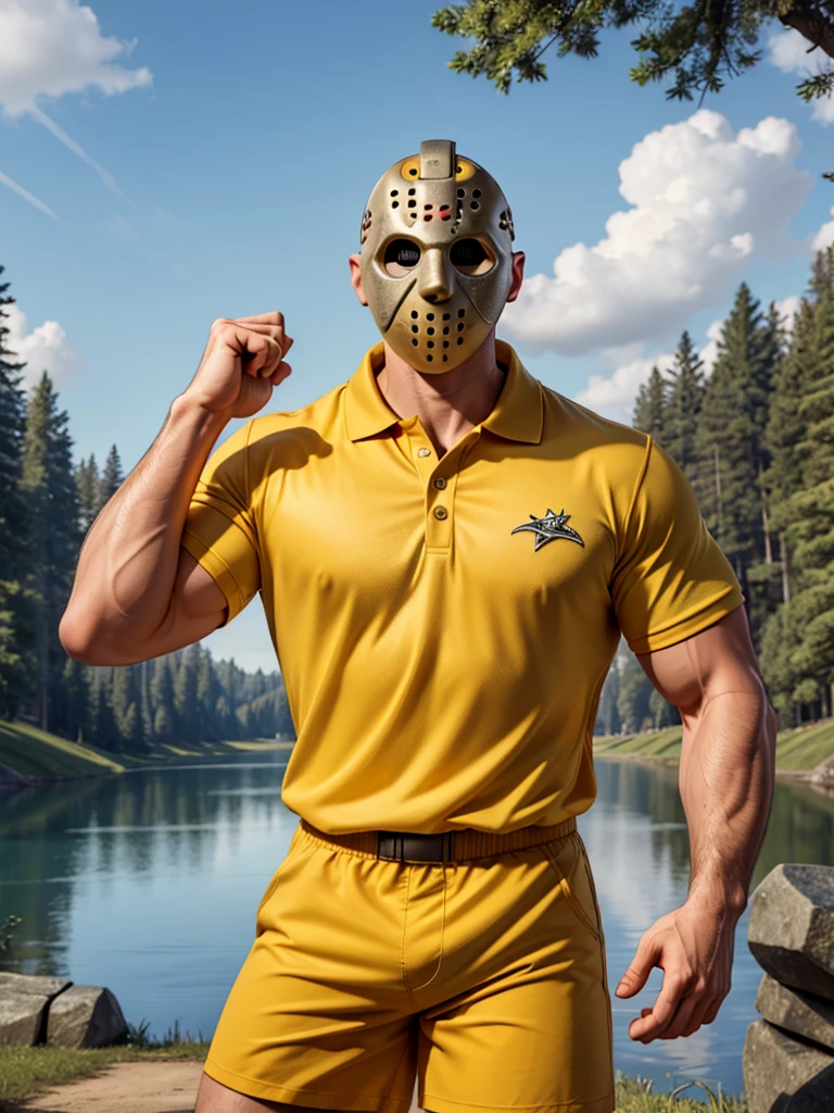 (masterpiece, 4K, ultra detailed), Jason Voorhees, single, masculine, light skin, jason's hockey mask, bald, sexy, muscular, forest, lake, sunny, smooth lining, smooth shading, yellow polo-shirt, red shorts, cartoony