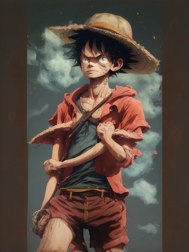 Create an image of Monkey D. Luffy, the protagonist of "One Piece." He is a 19-year-old pirate captain with a lean, muscular build, lightly tanned skin, and messy black hair. His expressive black eyes should convey his cheerful and carefree nature. Luffy is wearing his iconic wide-brimmed straw hat with a red band, a red open-buttoned vest or sleeveless shirt, blue knee-length shorts with a frayed hem, and simple brown sandals. He has a yellow sash tied around his waist and a distinctive scar under his left eye.