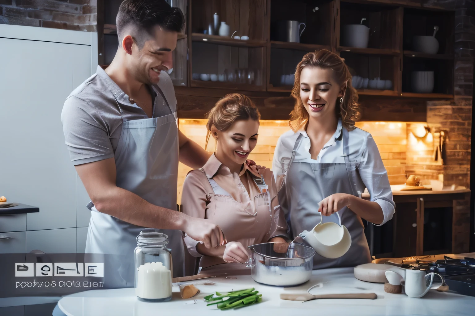 A woman and a man baking a cake in the kitchen, product shot, still photograph, kitchen interior, product shot, kitchen, product shots, stock images, promotional images, mixed media, advertising photography, commercial photography, on dark background, european faces
