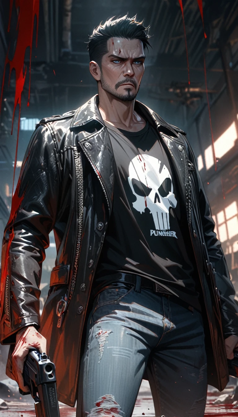Adult man, short black hair, small beard, blue eyes, black T-shirt, Punisher print, Punisher skull, jeans, leather coat, blood, guns, Masterpiece, best quality, Full HD, 8k, ultra details, great graphic