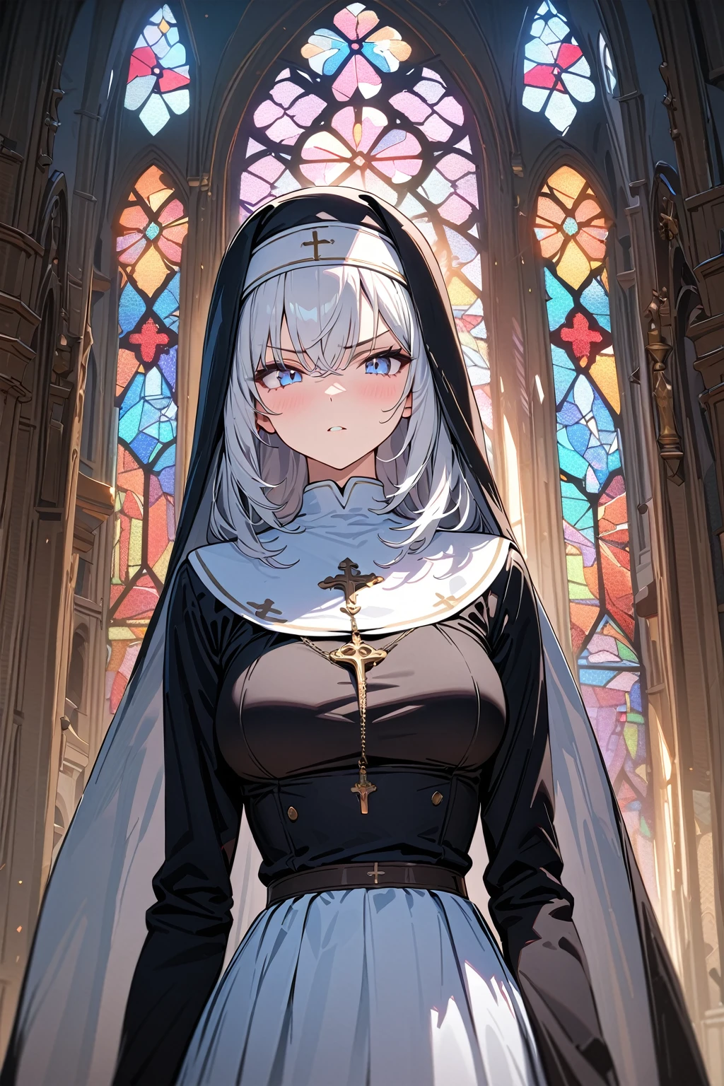 (masterpiece, best quality:1.5), (ultra detailed, high resolution, 8k, beautiful detailed, UHD, best anatomy), 1 cute girl, white hair, medium breasts, nun's habit, church, stained glass, Serious expression, cross