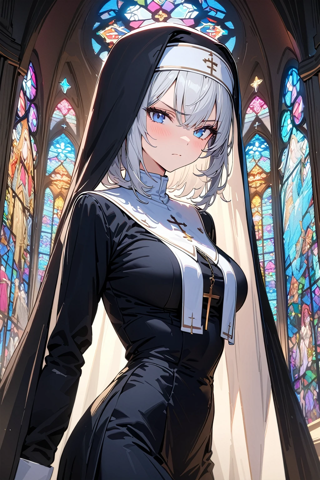 (masterpiece, best quality:1.5), (ultra detailed, high resolution, 8k, beautiful detailed, UHD, best anatomy), 1 cute girl, white hair, medium breasts, nun's habit, church, stained glass, Serious expression, cross