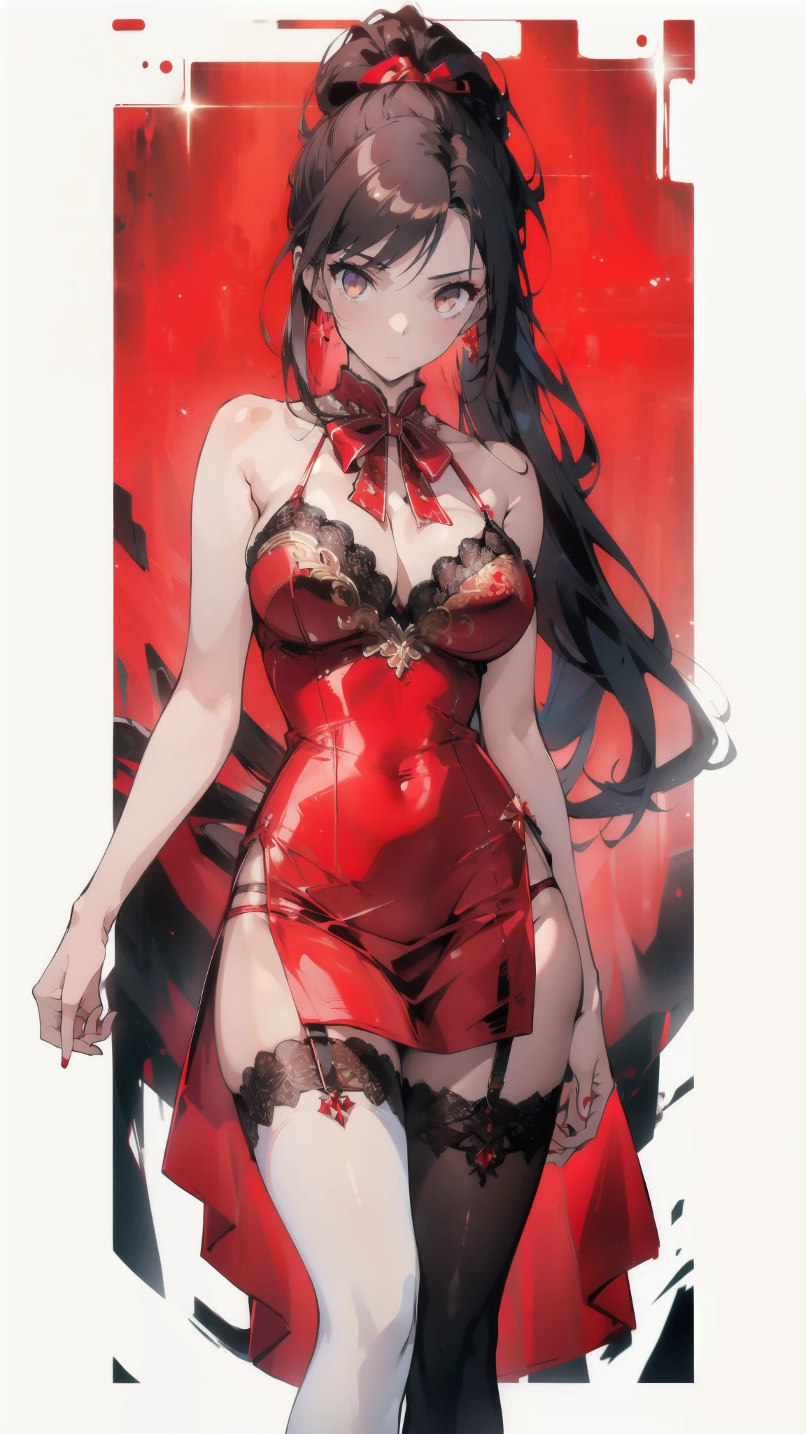 ((masterpiece, best quality)), Delicate face,red,Witch,Witch帽,whole body,Standing picture,Long legs,Large Breasts,Gradient double ponytail hairstyle,Perfect body proportions,Pretty golden eyes,Extremely beautiful,transparent, Pure white background,Erotic_lingerie,sexly_比基尼,Lace,Garter stockings