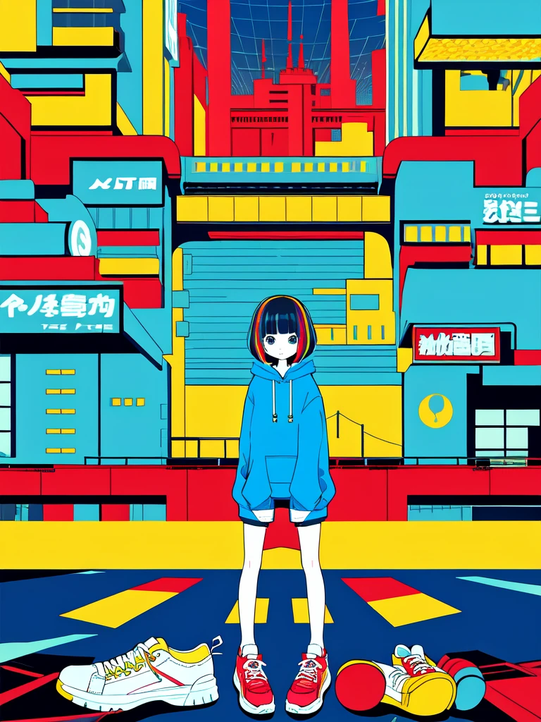 One girl, Vector art, Flat Color, Pop Art, pattern, Cityscape, hoodie, Shorts, sneakers, Bobcut, whole body, Pause, squat, Lofi Color, (Hyperlophe), (masterpiece,Highest quality:1.5)