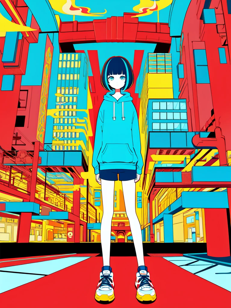 One girl, Vector art, Flat Color, Pop Art, pattern, Cityscape, hoodie, Shorts, sneakers, Bobcut, whole body, Pause, squat, Lofi Color, (Hyperlophe), (masterpiece,Highest quality:1.5)