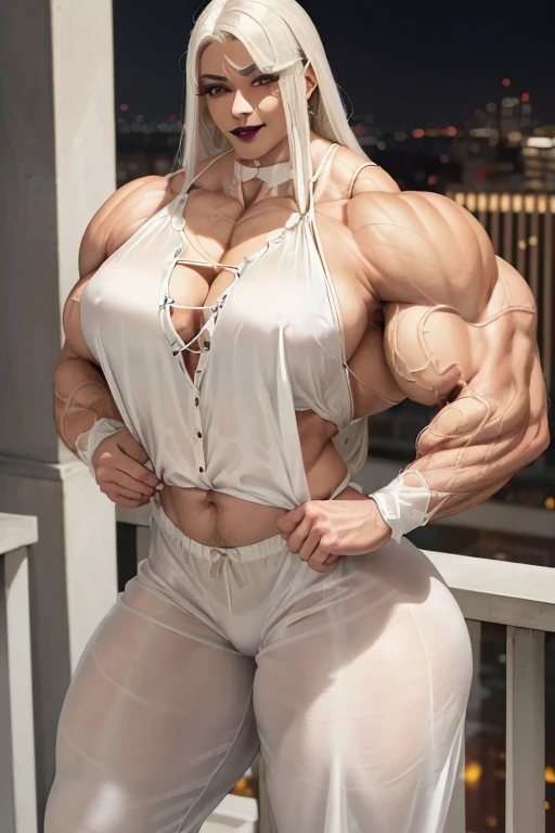(((((Massive tall, beautiful, buff, light brown skinned muscular woman with white hair, black lipstick, ginormous bulky muscles, beautifully posing and wearing a silk white pajama blouse with white silk pajamas pants))))), close view, massive muscle, massive biceps, hyper muscle shoulders, (massive muscle arms), vascular shoulders, hyper muscle triceps, (long straight hair), blue eyes, choker, slippers, (in a hotel balcony), confidant smile, night, hyper vascular arm, hyper muscles arms, hyper muscle legs, (massive arms).