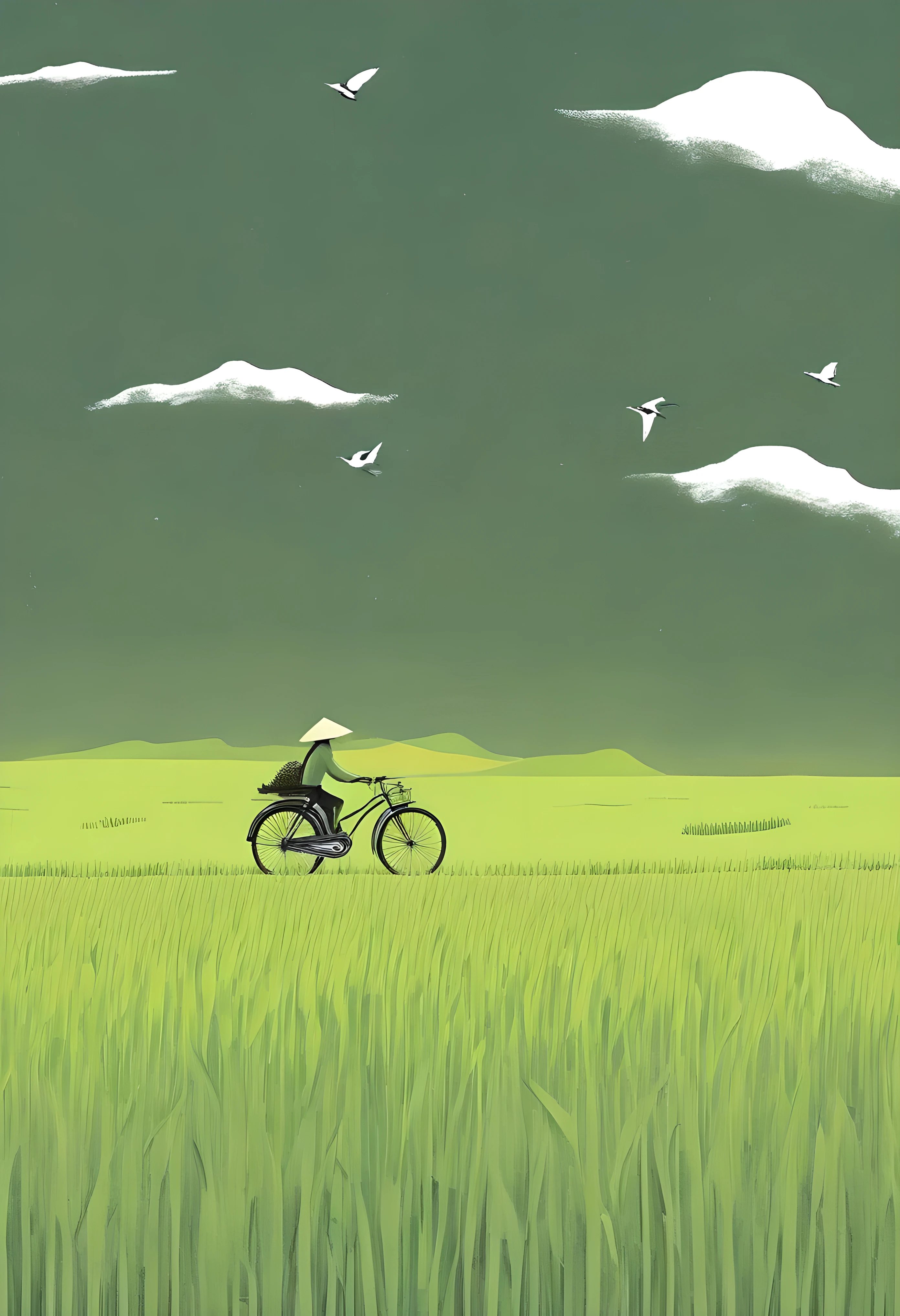 A beautiful illustration, Endless rice fields, half yellow half green, a boy riding a bicycle, Will Barnett (Will Barnet) modeling, Attached are 50D movie stills, Idyllic, Rural, panoramic,