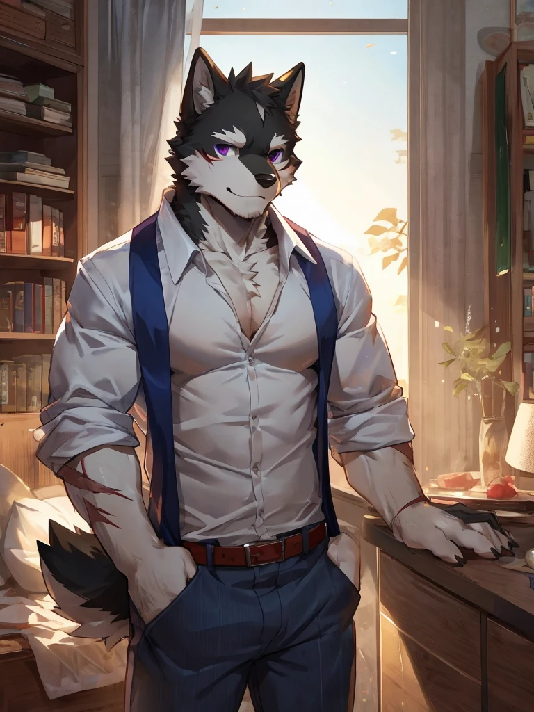 embedding:black wolf, male,purple eyes,Scar on the face, scar on the body,Single person,The fur on the chest and abdomen is white.Inside the apartment,Elder brother.Modern apartment, clean and tidy.casual Shirt,Casual pants,Formal, everyday,A mild expression,Maturity,The highest quality of scene detail,adult,Tall and powerful,muscle,Best quality hands, best quality eye,detailed fur,Delicate eyes.Extreme picture quality,by sollyz,by zixiong,by milkytiger1145