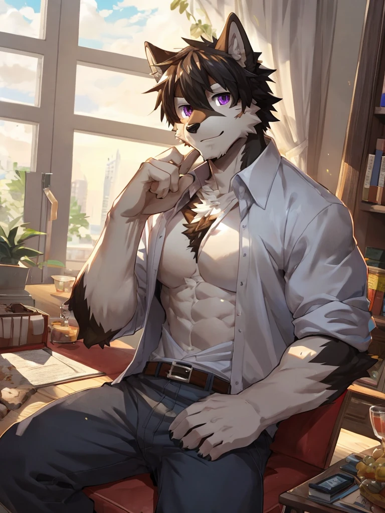 embedding:black wolf, male,purple eyes,Scar on the face, scar on the body,Single person,The fur on the chest and abdomen is white.Inside the apartment,Elder brother.Modern apartment, clean and tidy.casual Shirt,Casual pants,Formal, everyday,A mild expression,Maturity,The highest quality of scene detail,adult,Tall and powerful,muscle,Best quality hands, best quality eye,detailed fur,Delicate eyes.Extreme picture quality,by sollyz,by zixiong,by milkytiger1145
