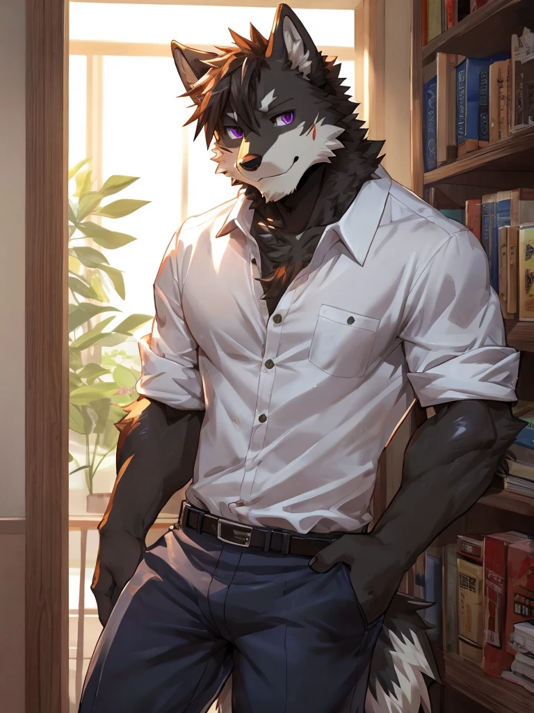 embedding:black wolf, male,purple eyes,Scar on the face, scar on the body,Single person,The fur on the chest and abdomen is white.Inside the apartment,Elder brother.Modern apartment, clean and tidy.casual Shirt,Casual pants,Formal, everyday,A mild expression,Maturity,The highest quality of scene detail,adult,Tall and powerful,muscle,Best quality hands, best quality eye,detailed fur,Delicate eyes.Extreme picture quality,by sollyz,by zixiong,by milkytiger1145