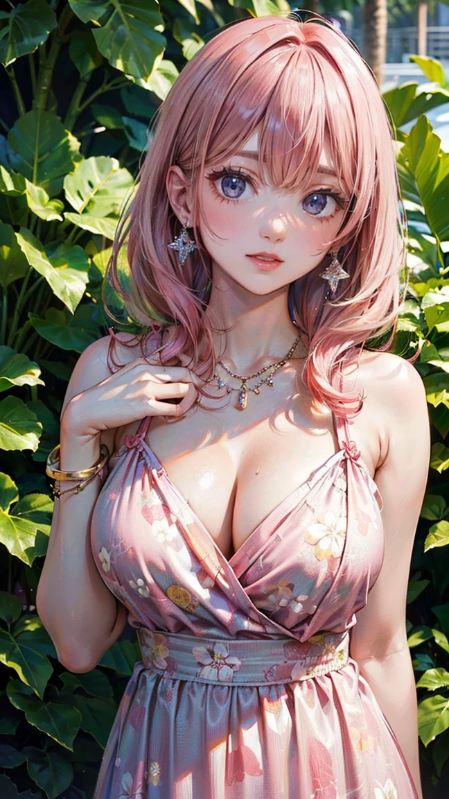 (Masterpiece, BestQuality:1.3), (ultra detailed:1.2), (hyperrealistic:1.3), (RAW photo:1.2), High detail RAW color photo, professional photograph, (Photorealistic:1.4), (realistic:1.4), professional lighting, perfect anatomy, (Big Breasts:1.2), (blush, detailed face), (cheerful Smile:1.5), Trending Hair&Trending Hairカラーをランダムに, earrings, necklace, bracelet, sexly, erotic sexly, Random sexy gravure poses, (A beautiful pink-haired woman in a floral summer dress in a tropical garden、flower々Surrounded by。:1.3)
