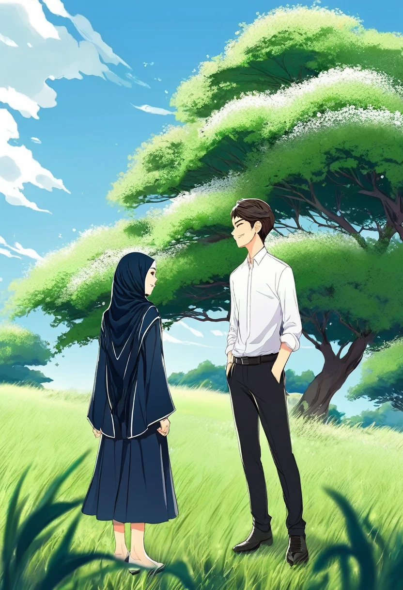 handsome man white shirt, beautiful hijab woman , handsome man black shirt, under the blue sky and green grassland, manga style,