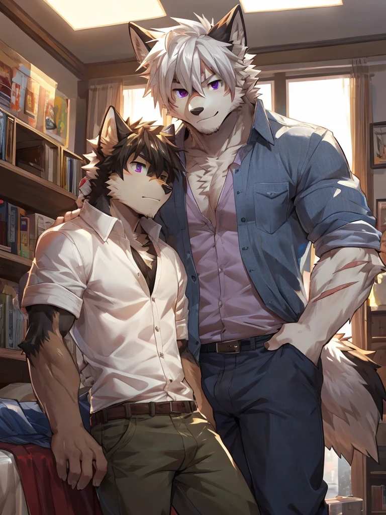 A pair of handsome men hugging each other looked at each other affectionately. Look at each other lovingly,4K high resolution, Best quality, Masterpiece, perfect colors, perfectly shaded, Perfect lighting, Furry, anthro, Furry art, Male wolf, gray wolf, (two-toned fur), hairy bodies, Blue eyes, (Seductive look:1.2), fit body, perfect male figure, Wear men's shorts,Abs，musculature,Detailed fur, Detailed face, Perfect face, (The stands up), Detailed background, ((Bonifasko lighting)), Wolf tail, (Detailed eyes), perfect pupils