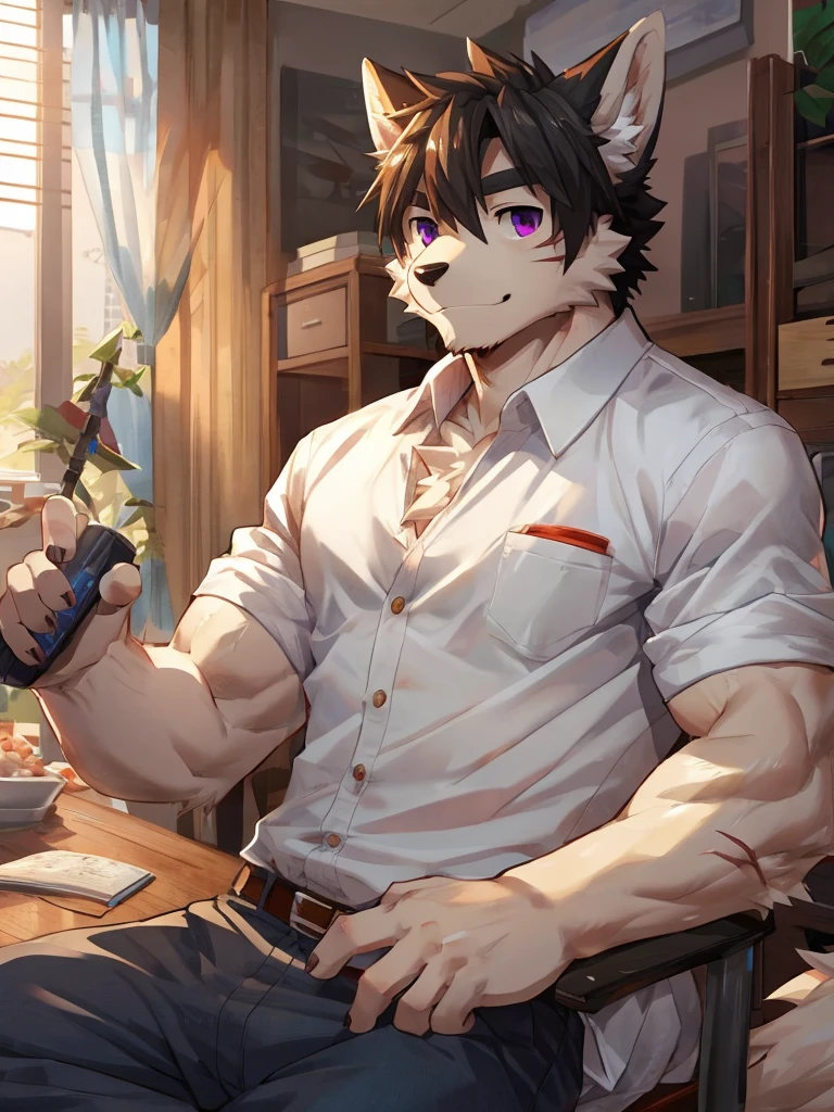 embedding:black wolf, male,purple eyes,Scar on the face, scar on the body,Single person,The fur on the chest and abdomen is white.Inside the apartment,Elder brother.Modern apartment, clean and tidy.casual Shirt,Casual pants,Formal, everyday,A mild expression,Maturity,The highest quality of scene detail,adult,Tall and powerful,muscle,Best quality hands, best quality eye,detailed fur,Delicate eyes.Extreme picture quality,by sollyz,by zixiong,by milkytiger1145